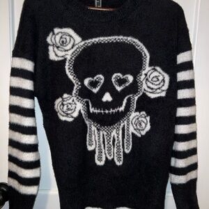 Fuzzy Skull and Roses Sweater - Black and White